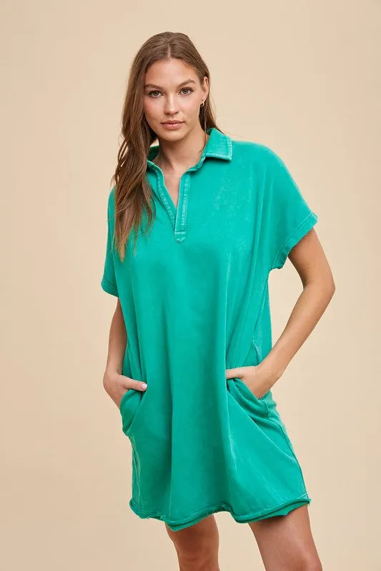 Turquoise Mineral Washed Johnny Collar Short Sleeve Dress