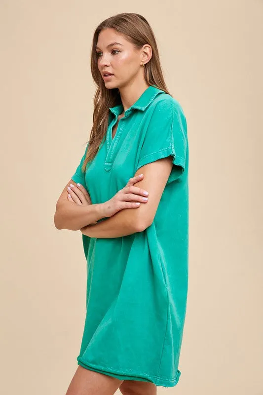 Turquoise Mineral Washed Johnny Collar Short Sleeve Dress