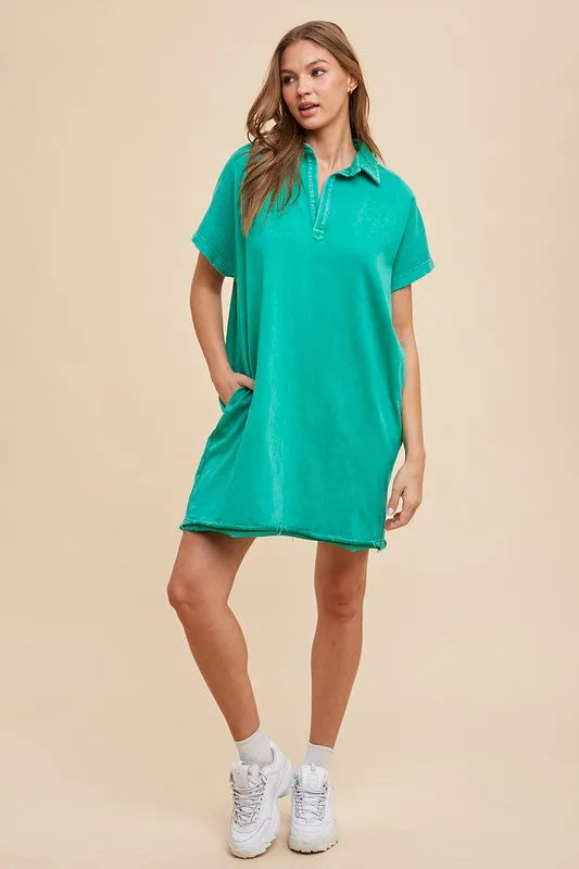 Turquoise Mineral Washed Johnny Collar Short Sleeve Dress