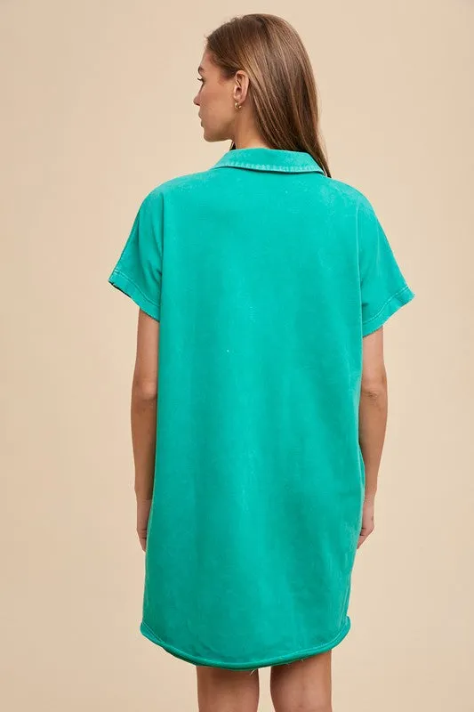 Turquoise Mineral Washed Johnny Collar Short Sleeve Dress
