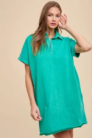 Turquoise Mineral Washed Johnny Collar Short Sleeve Dress