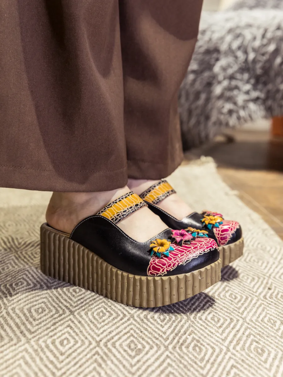 Vicconfy | Genuine Leather Black Ribbed-Sole Tri-Floral Appliqued Clogs