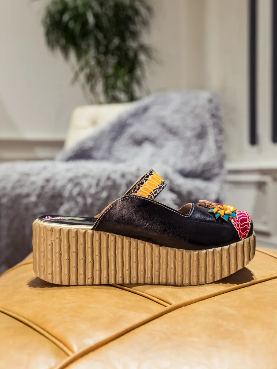 Vicconfy | Genuine Leather Black Ribbed-Sole Tri-Floral Appliqued Clogs