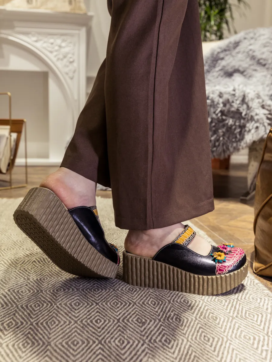 Vicconfy | Genuine Leather Black Ribbed-Sole Tri-Floral Appliqued Clogs