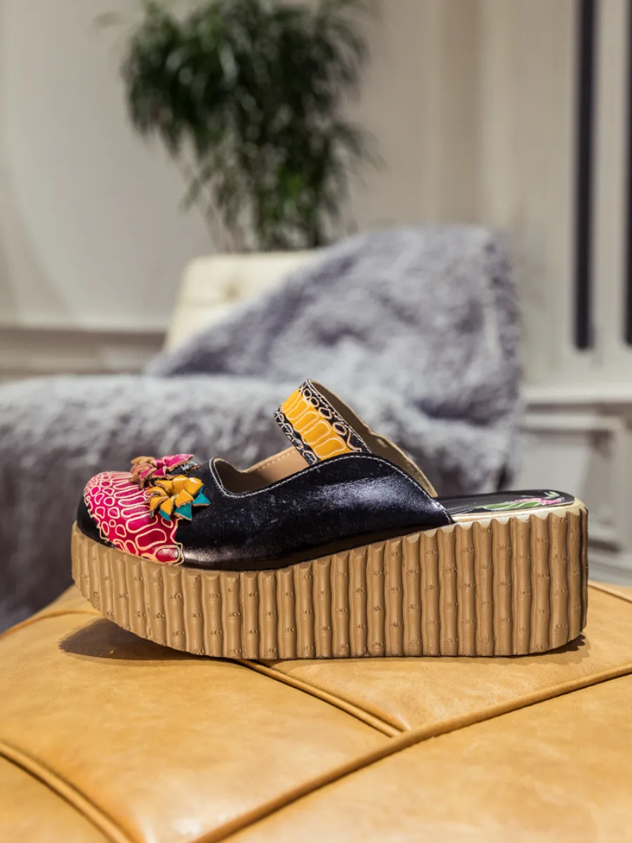 Vicconfy | Genuine Leather Black Ribbed-Sole Tri-Floral Appliqued Clogs