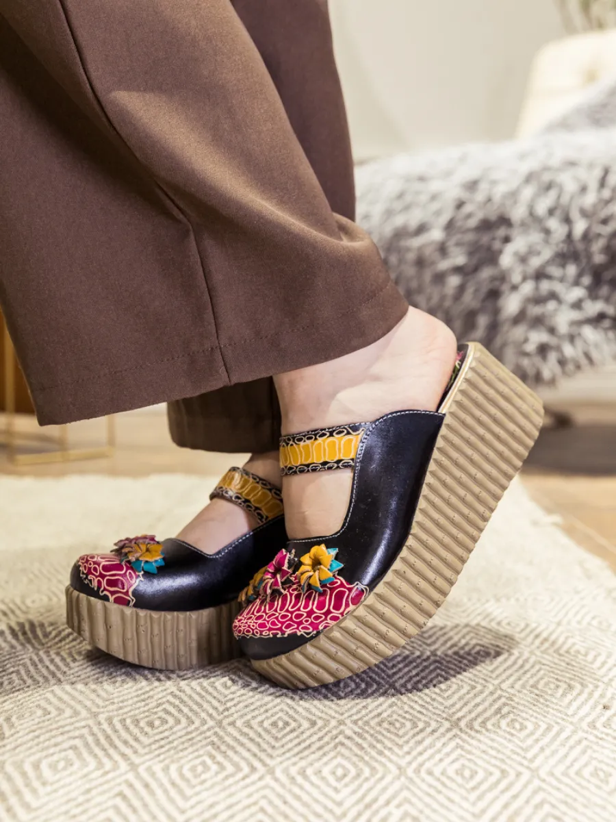 Vicconfy | Genuine Leather Black Ribbed-Sole Tri-Floral Appliqued Clogs