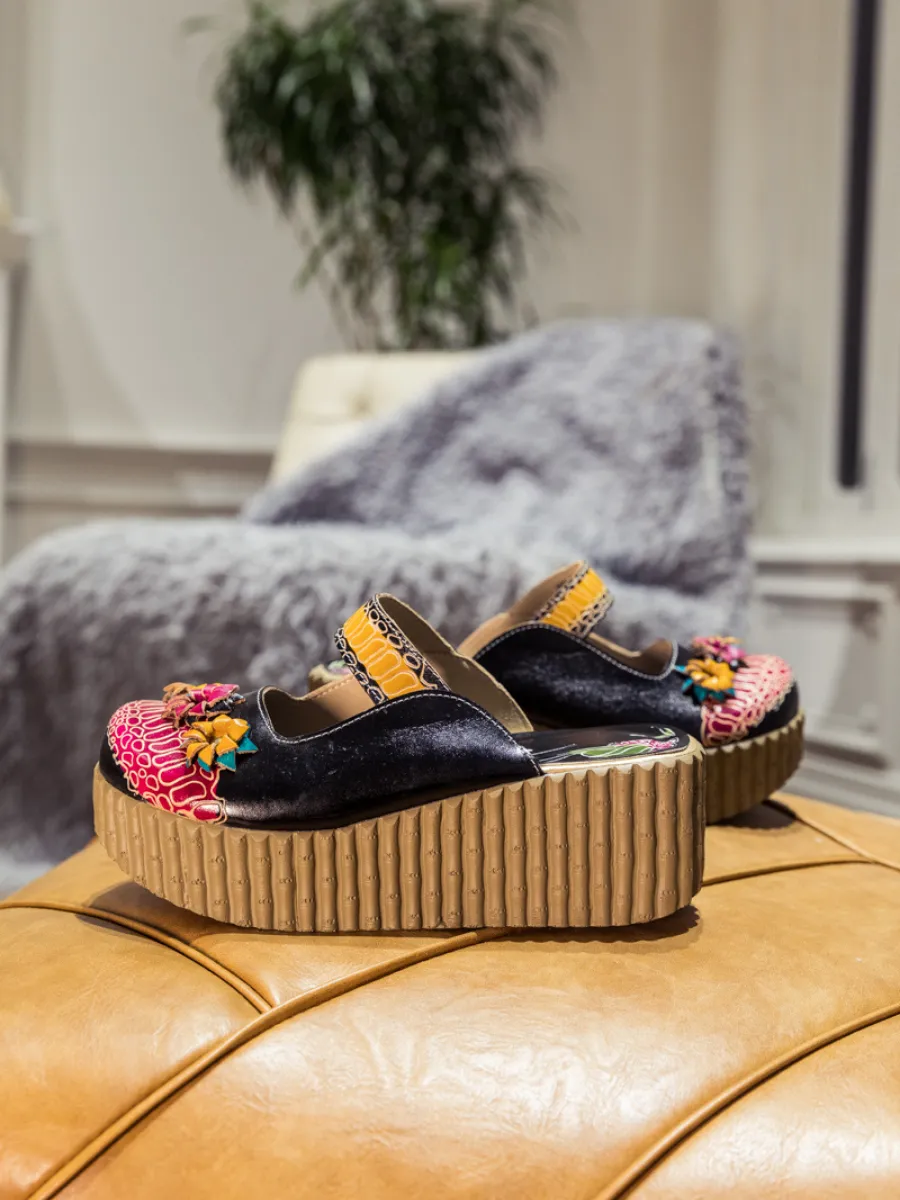 Vicconfy | Genuine Leather Black Ribbed-Sole Tri-Floral Appliqued Clogs