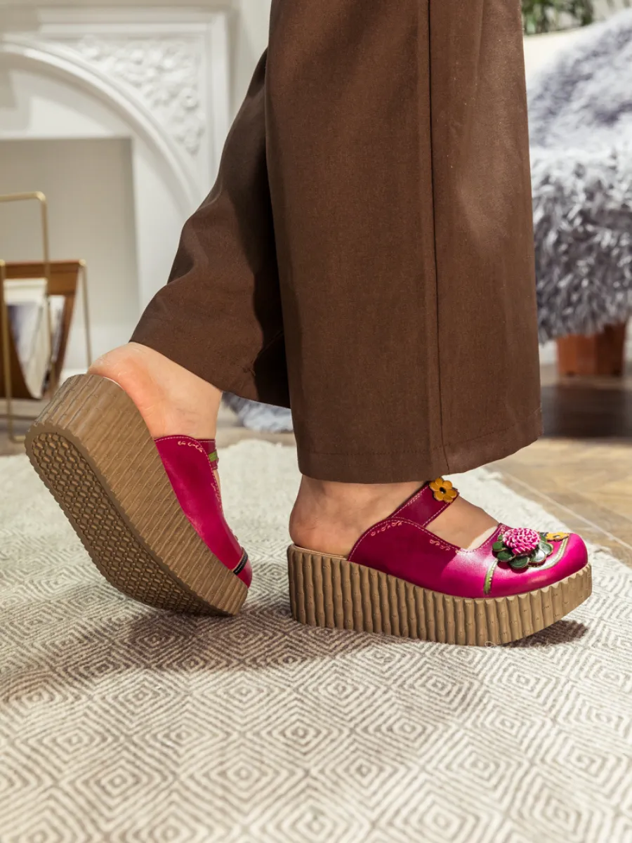 Vicconfy | Genuine Leather Red Ribbed-Sole Floral Appliqued Clogs