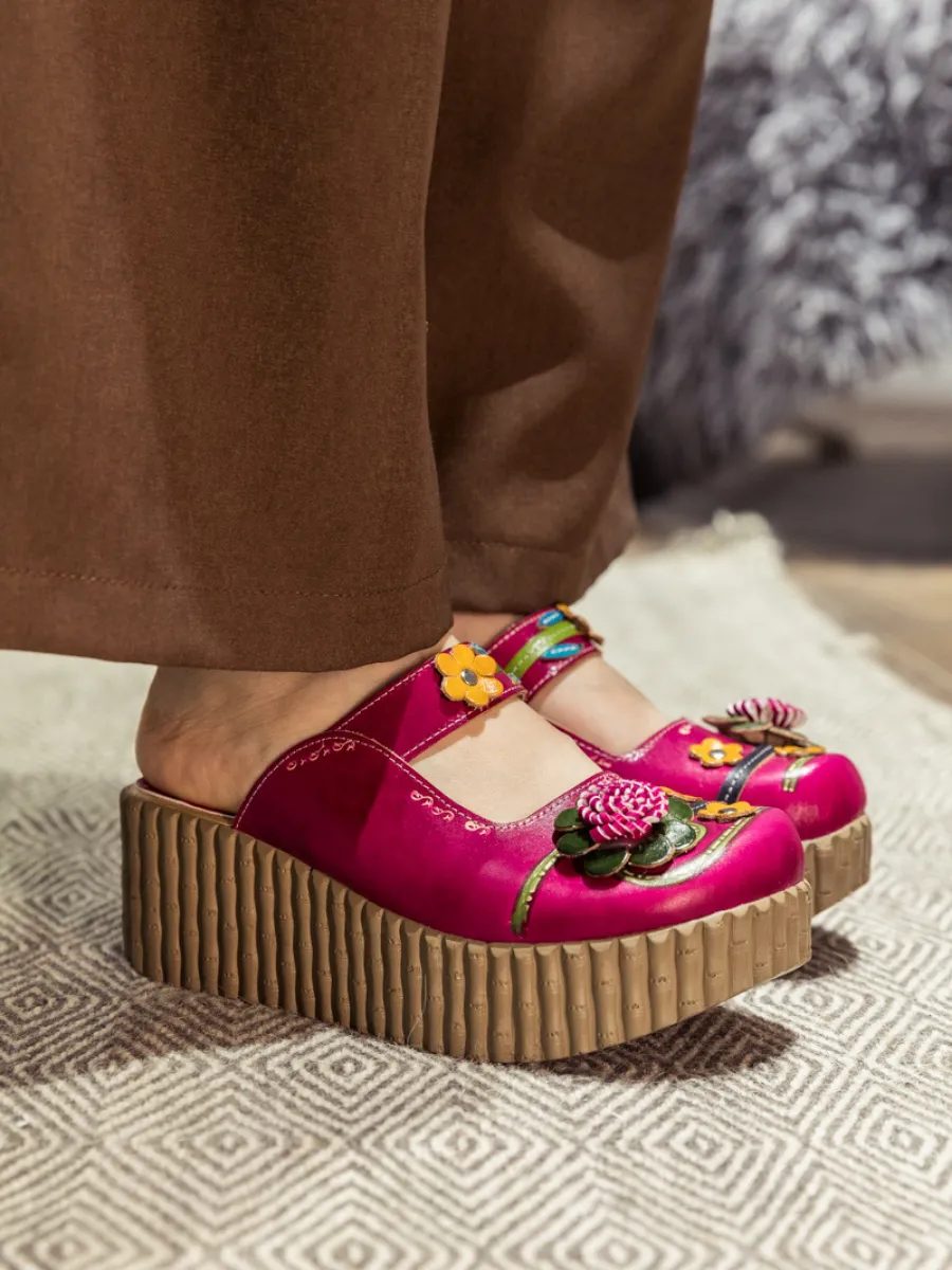 Vicconfy | Genuine Leather Red Ribbed-Sole Floral Appliqued Clogs
