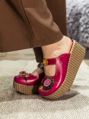 Vicconfy | Genuine Leather Red Ribbed-Sole Floral Appliqued Clogs