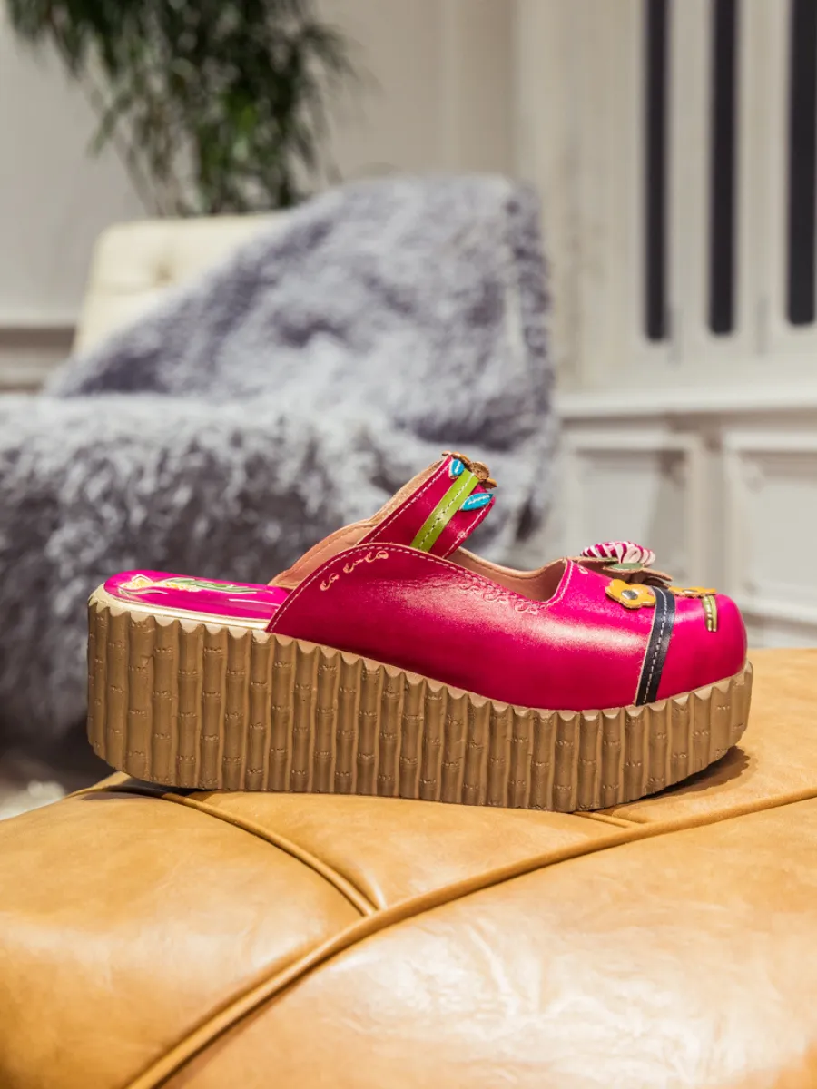 Vicconfy | Genuine Leather Red Ribbed-Sole Floral Appliqued Clogs