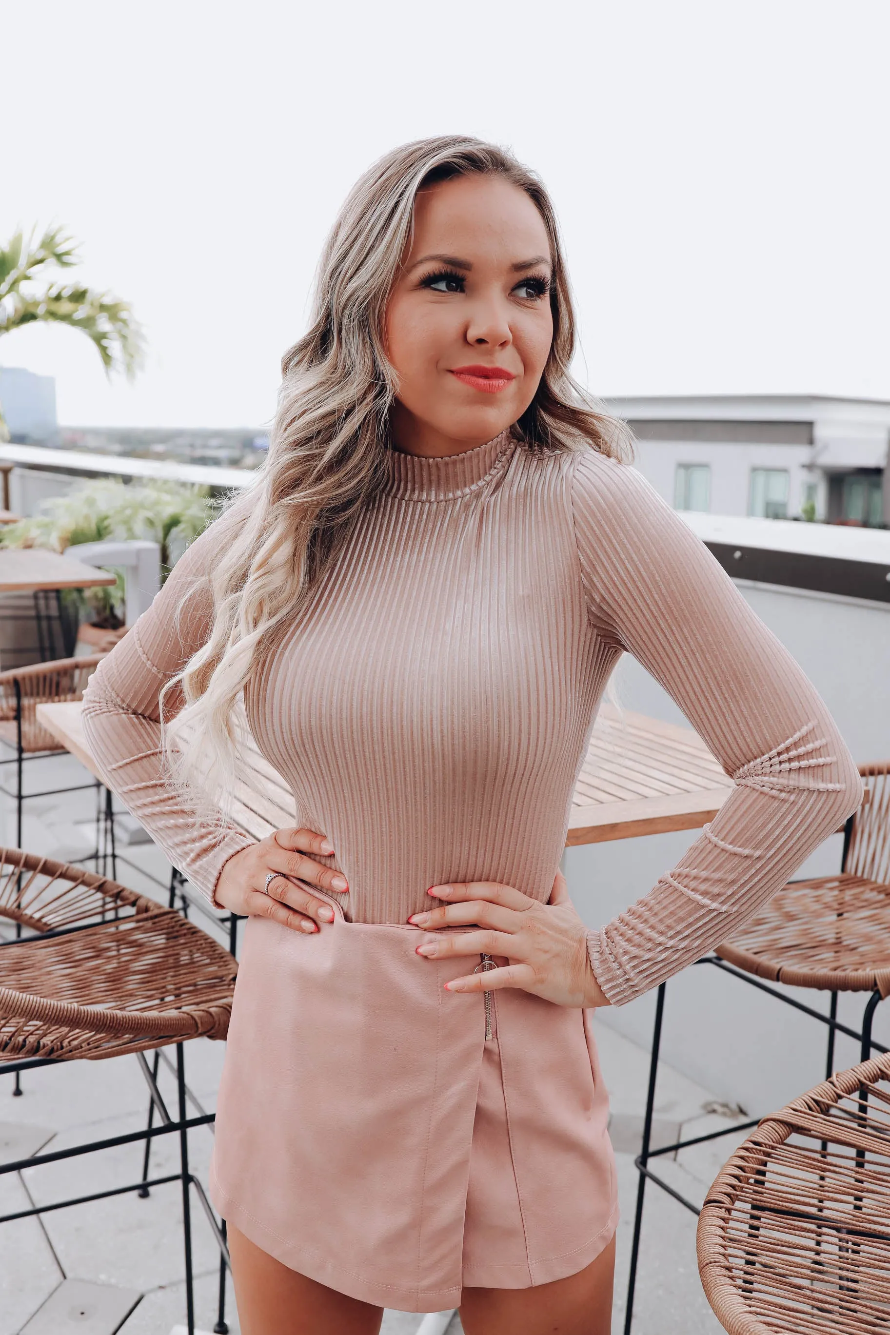 Vivian Velvet Mock Neck Bodysuit - Nude