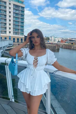 White Tie Front Frill Detail Bardot Playsuit - Cera