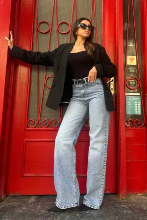 Wide-Leg - High-Waist Washed Light Blue Jeans