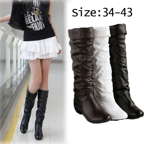 Winter Mid-Calf Leather Boots Black White Brown Flat Heels Half Boots Autumn Winter Shoes