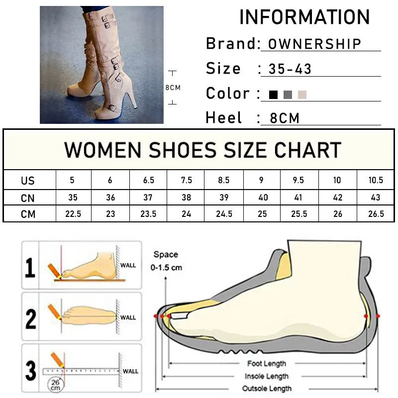 Women Buckle Platform Knee High Boots Autumn Winter Female Solid Punk Shoes Women&#39;s Zip Pumps Ladies Super High Heels Big Size