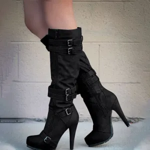 Women Buckle Platform Knee High Boots Autumn Winter Female Solid Punk Shoes Women&#39;s Zip Pumps Ladies Super High Heels Big Size