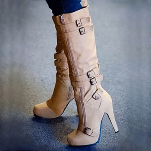 Women Buckle Platform Knee High Boots Autumn Winter Female Solid Punk Shoes Women&#39;s Zip Pumps Ladies Super High Heels Big Size