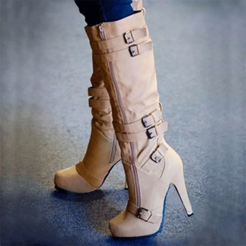 Women Buckle Platform Knee High Boots Autumn Winter Female Solid Punk Shoes Women&#39;s Zip Pumps Ladies Super High Heels Big Size