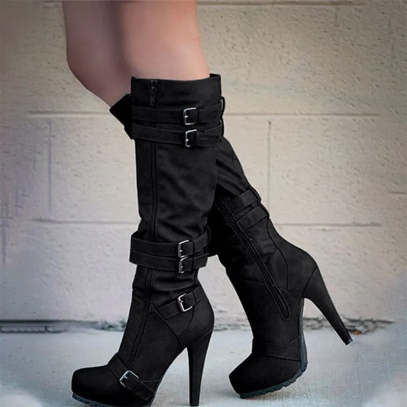 Women Buckle Platform Knee High Boots Autumn Winter Female Solid Punk Shoes Women&#39;s Zip Pumps Ladies Super High Heels Big Size