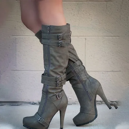 Women Buckle Platform Knee High Boots Autumn Winter Female Solid Punk Shoes Women&#39;s Zip Pumps Ladies Super High Heels Big Size