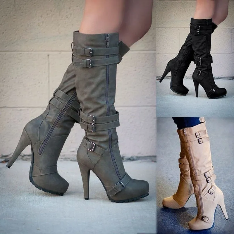 Women Buckle Platform Knee High Boots Autumn Winter Female Solid Punk Shoes Women&#39;s Zip Pumps Ladies Super High Heels Big Size