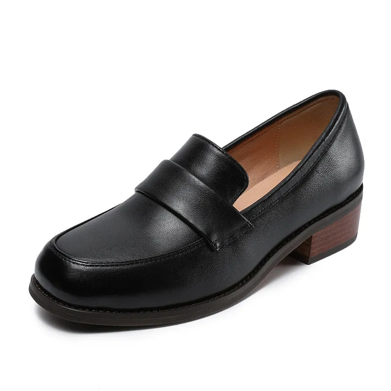 Women Plain Leather Elegant Low Block Loafers