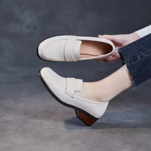 Women Plain Leather Elegant Low Block Loafers