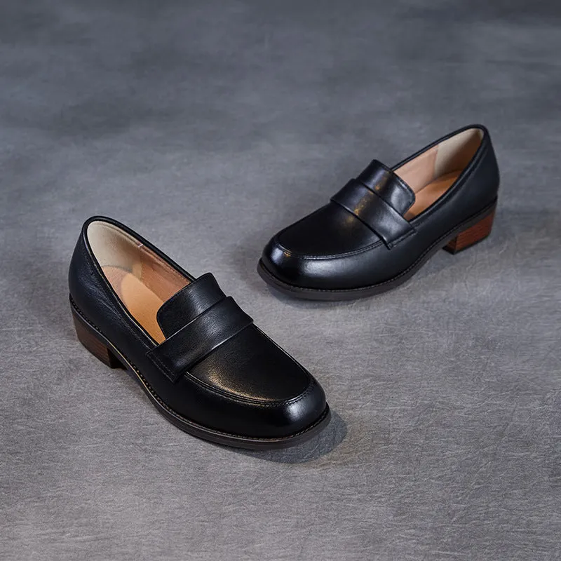 Women Plain Leather Elegant Low Block Loafers