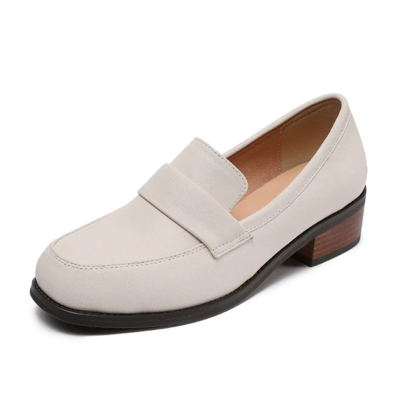 Women Plain Leather Elegant Low Block Loafers