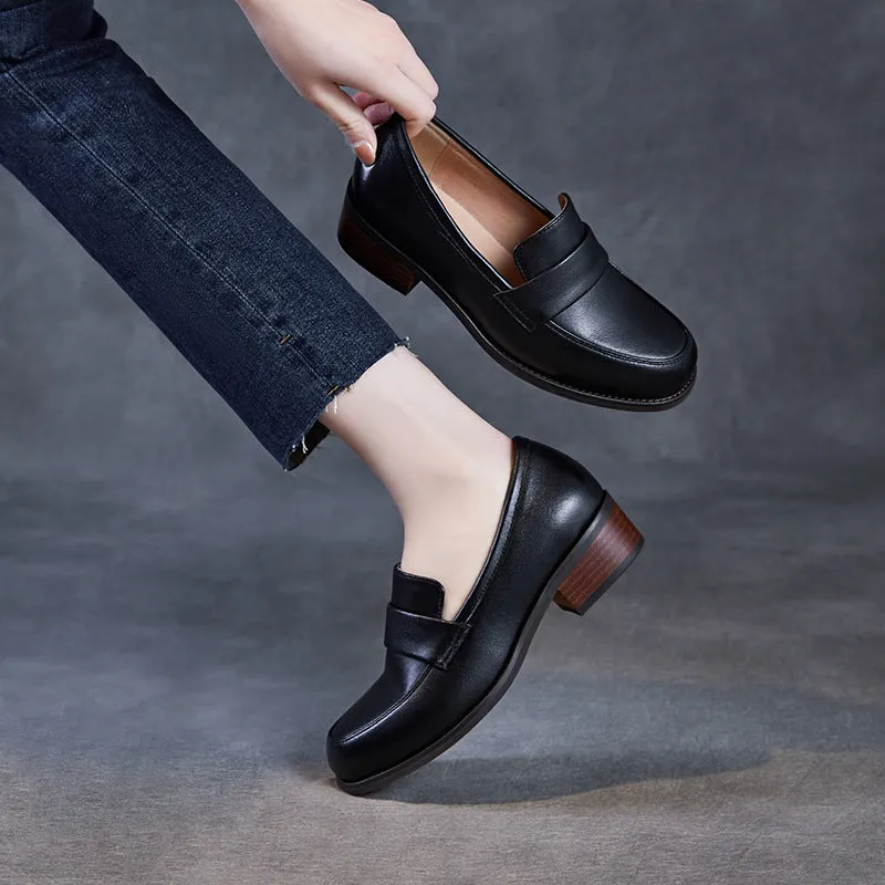 Women Plain Leather Elegant Low Block Loafers
