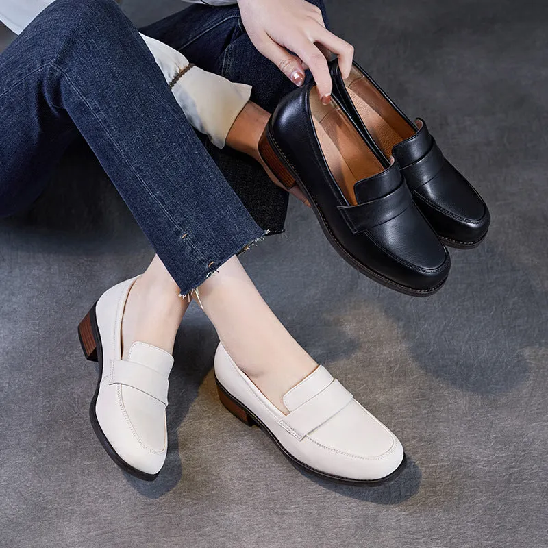 Women Plain Leather Elegant Low Block Loafers