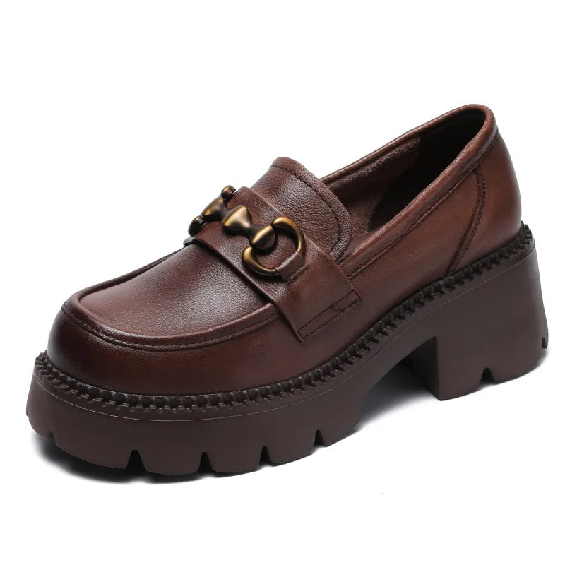 Women Retro Leather Chain Chunky Wedge Loafers
