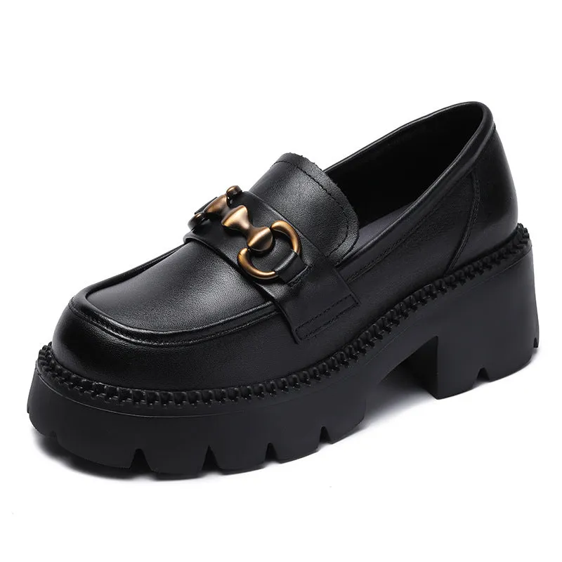 Women Retro Leather Chain Chunky Wedge Loafers