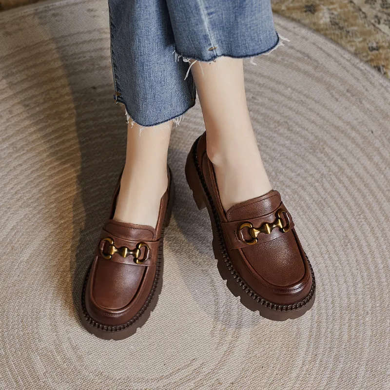 Women Retro Leather Chain Chunky Wedge Loafers