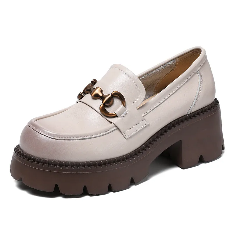 Women Retro Leather Chain Chunky Wedge Loafers