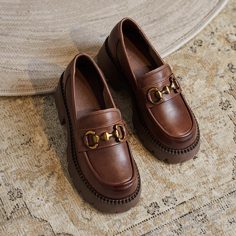 Women Retro Leather Chain Chunky Wedge Loafers