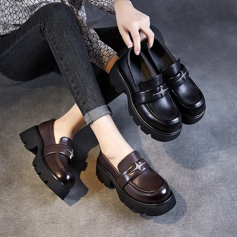 Women Retro Leather Platform Casual Loafers