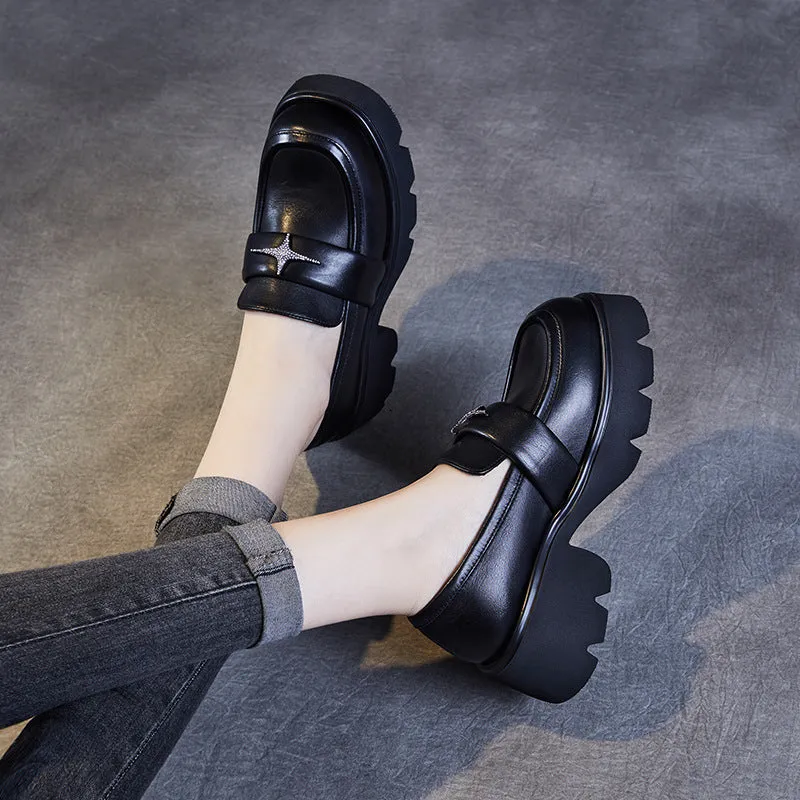 Women Retro Leather Platform Casual Loafers