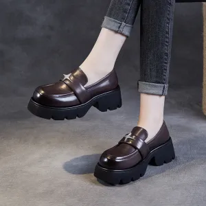 Women Retro Leather Platform Casual Loafers