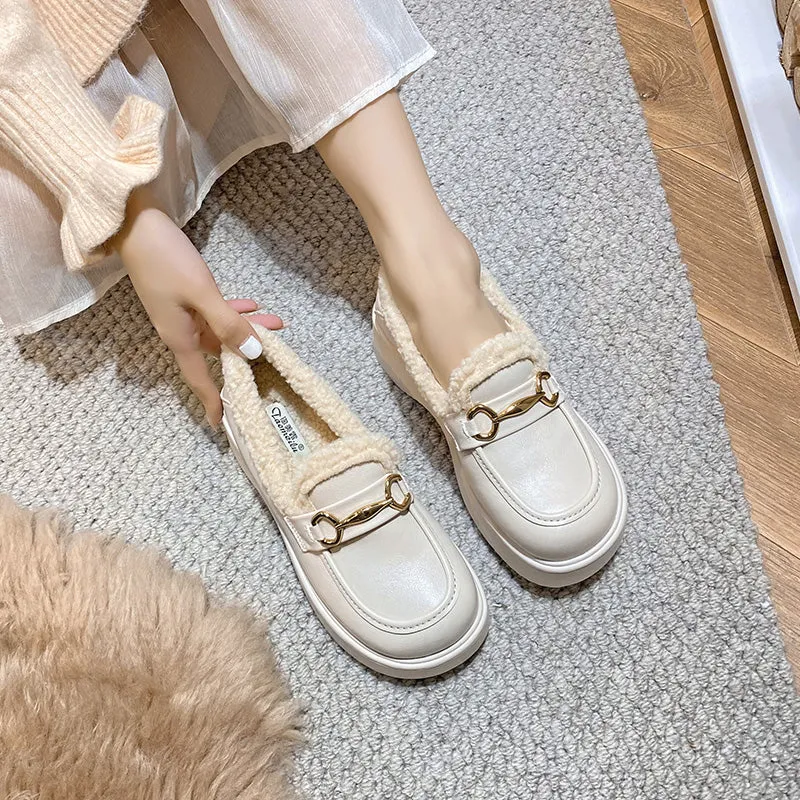 Women Winter Minimalist Chain Furred Loafers