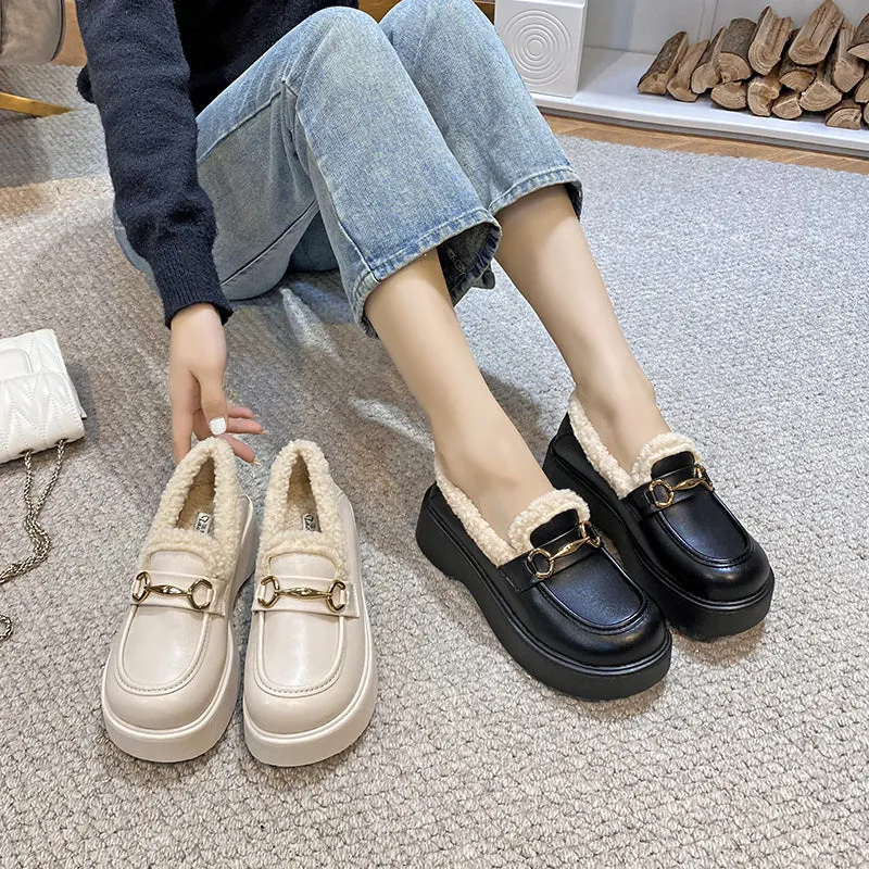 Women Winter Minimalist Chain Furred Loafers