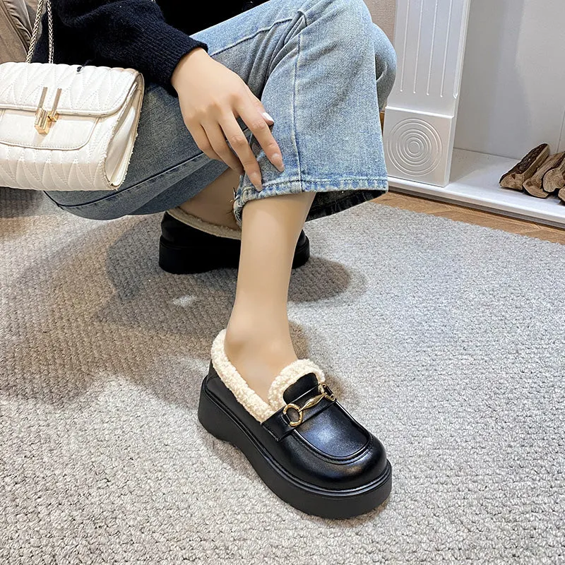 Women Winter Minimalist Chain Furred Loafers