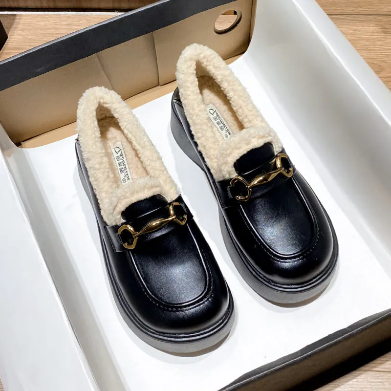 Women Winter Minimalist Chain Furred Loafers