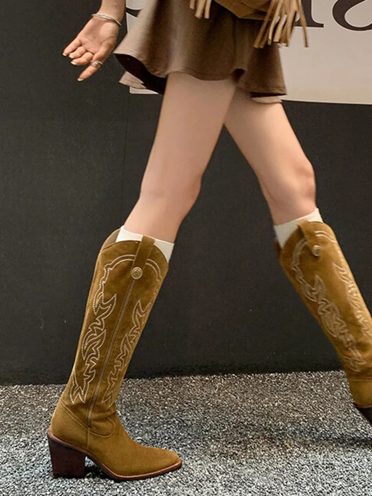 Women's Boots Pointed Toe Chunky Heel Bohemian Embroidery Suede Knee High Boots