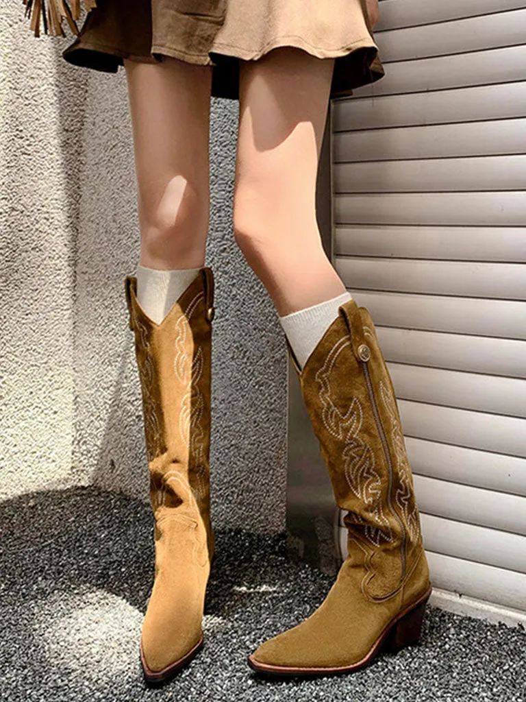 Women's Boots Pointed Toe Chunky Heel Bohemian Embroidery Suede Knee High Boots