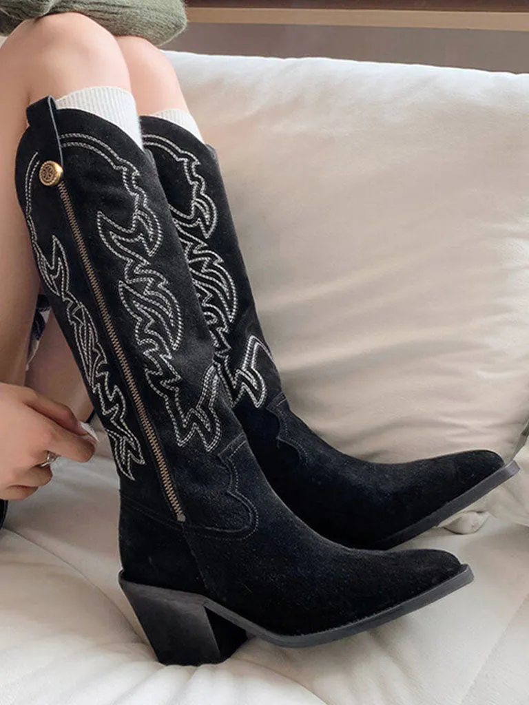 Women's Boots Pointed Toe Chunky Heel Bohemian Embroidery Suede Knee High Boots